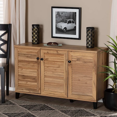 Baxton Studio Coolidge ModernOak Brown Finished Wood 3-Door Shoe Storage Cabinet 197-11927-ZORO